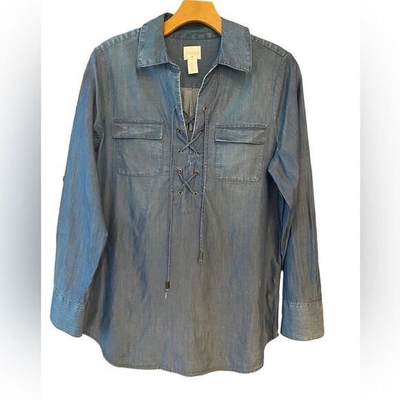 Chico’s 0/S/4 Blue Chambray Denim Cotton Lace-Up Relaxed Fit Long Sleeve Shirt - Picture 1 of 8